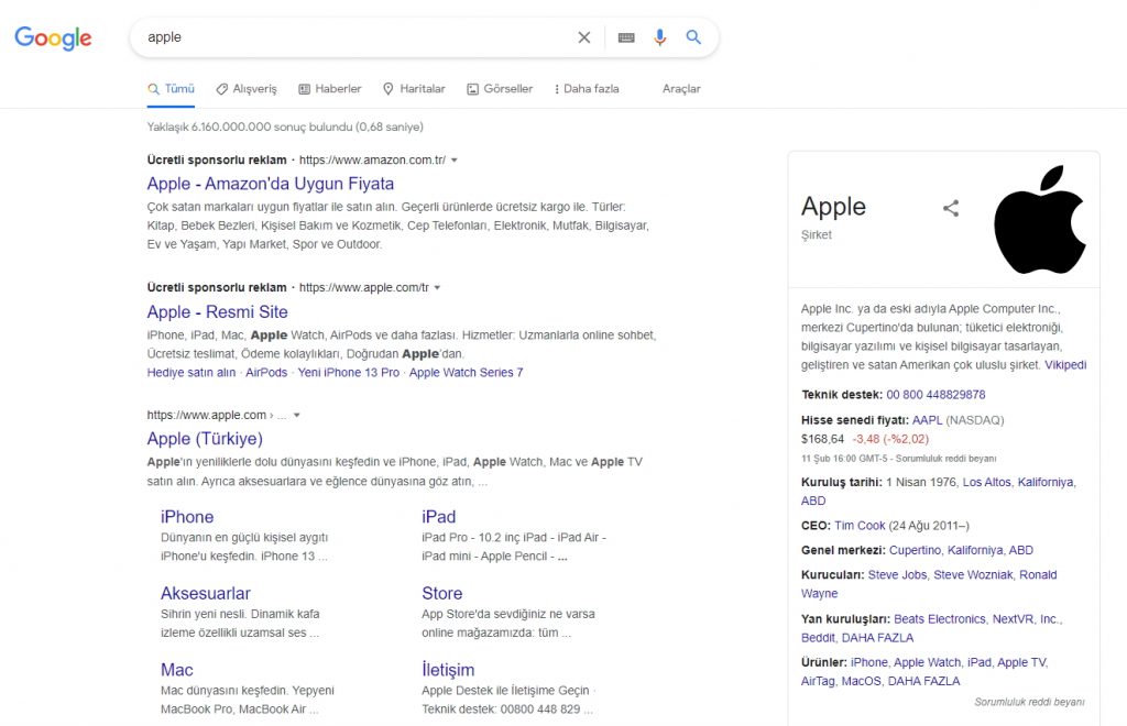 "apple" anahtar kelimesinde Google Türkiye arama sonuçları