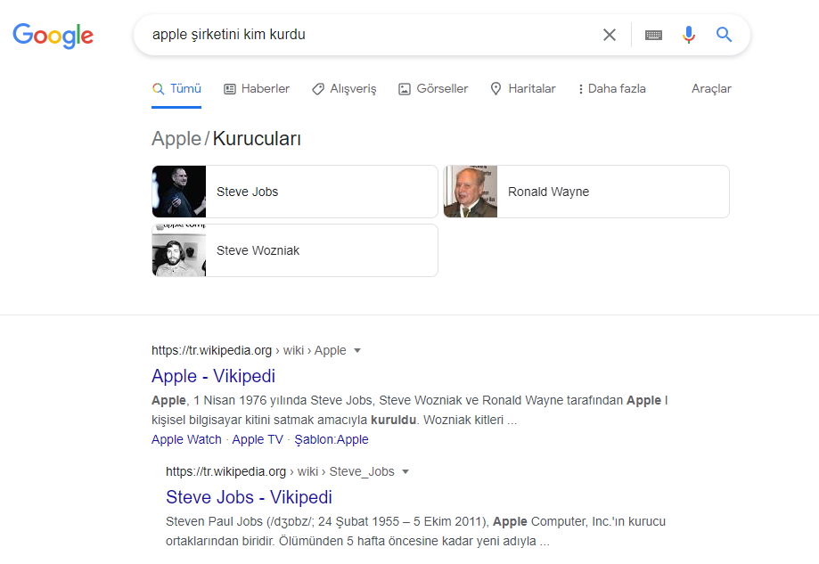"apple şirketini kim kurdu" uzun kuyruklu anahtar kelimesinde Google Türkiye arama sonuçları